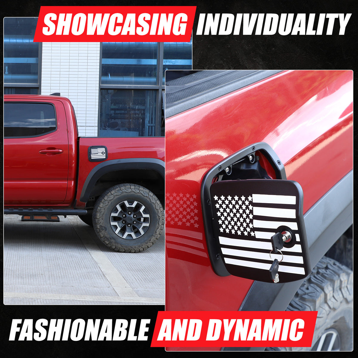 US Flag Lock Key Aluminum Gas Fuel Tank Door Cover For Toyota Tacoma 2016-23 US 11