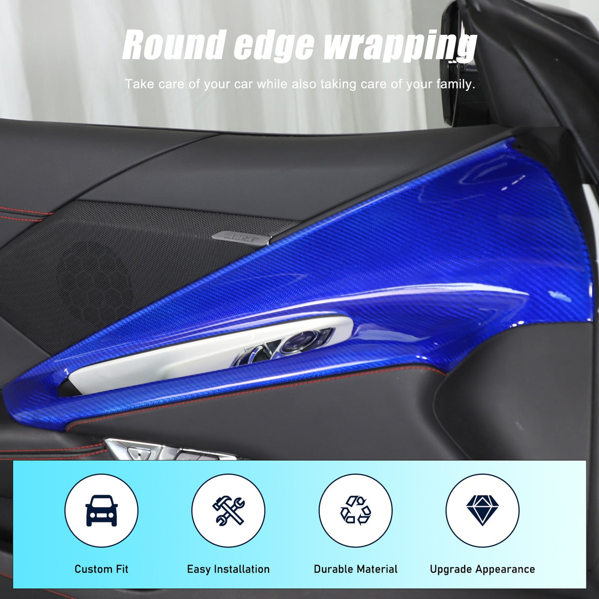Blue Real Carbon Fiber Interior Door Panel Trim Cover For Corvette C8 2020-2026 14