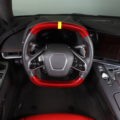 Red Real Carbon Fiber Yellow Top Steering Wheel Cover Trim For Corvette C8 2020+ 14