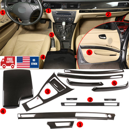 ABS Carbon Fiber Center Console Armrest Panel Trim Set For BMW 3 E90 2005-12 1