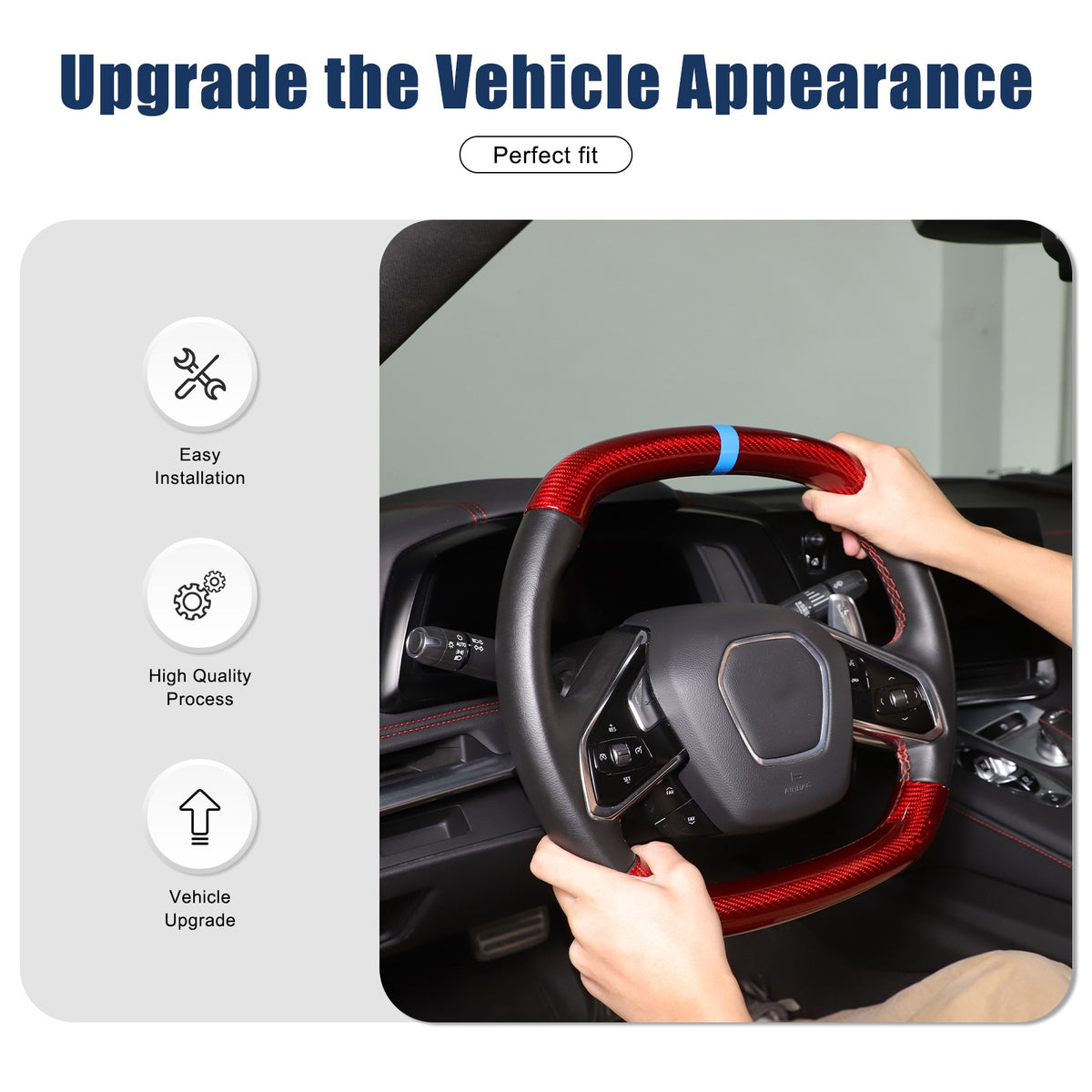 Red Real Carbon Fiber Blue Top Steering Wheel Cover Trim For Corvette C8 2020+ 5