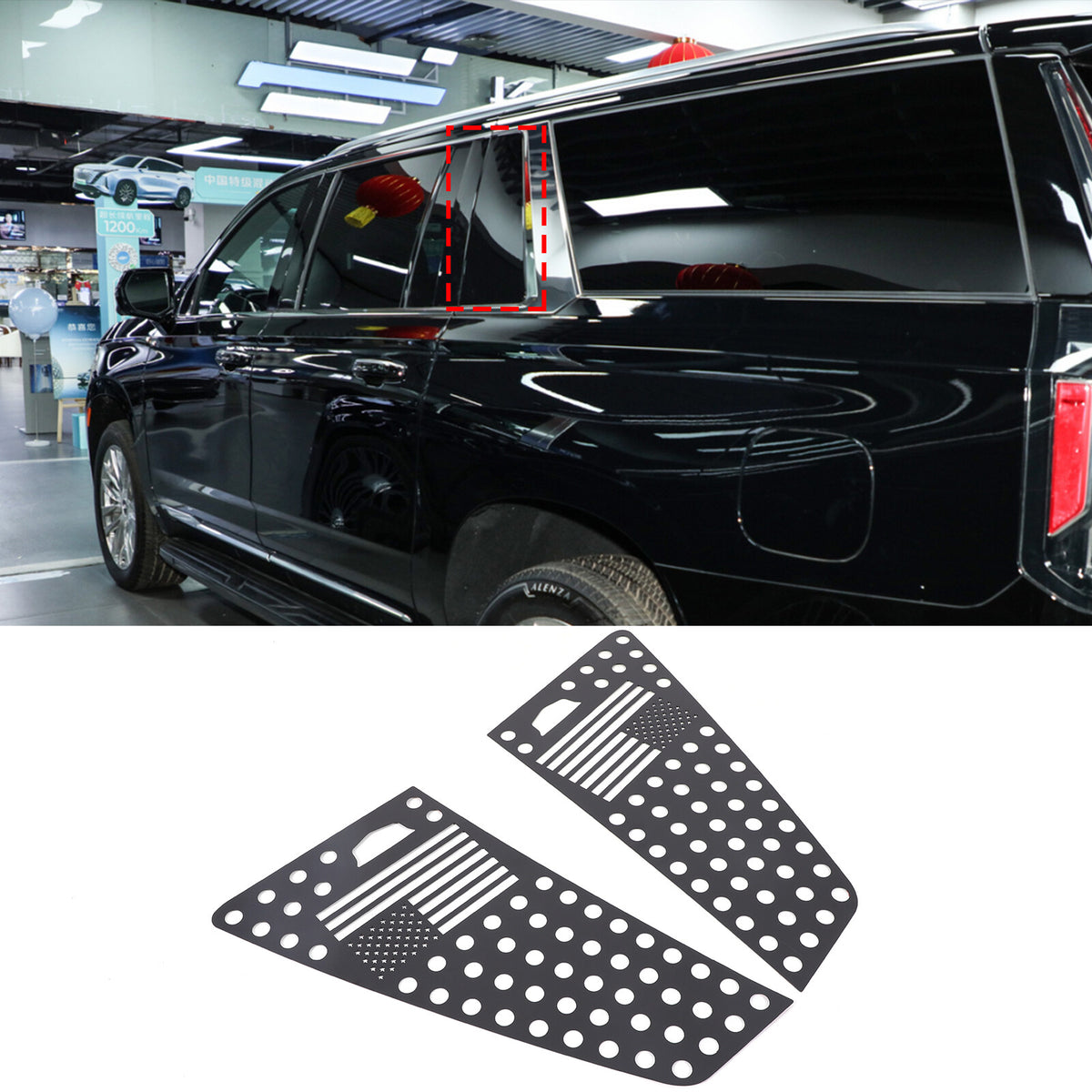 Black US Flag Alloy Window Center Pillar Trim For Cadillac Escalade 2021-2025 5