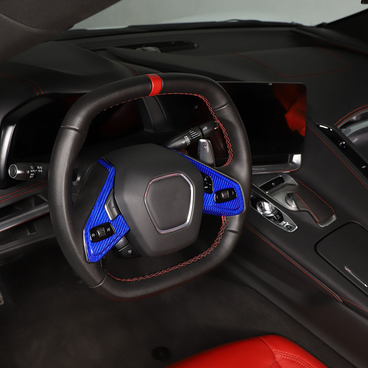 Blue Real Carbon fiber Steering Wheel Button Cover Trim For Corvette C8 2020-26 15