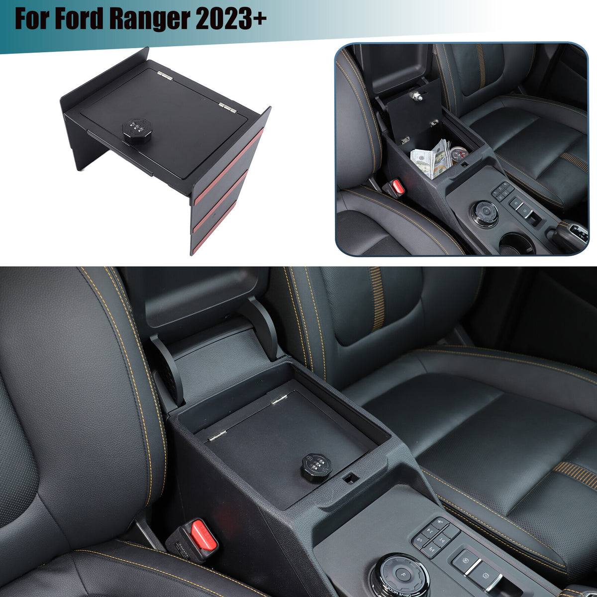 Center Console Safe GUN Armrest Storage Lock Box Tray For Ford Ranger T9 2023+ 1