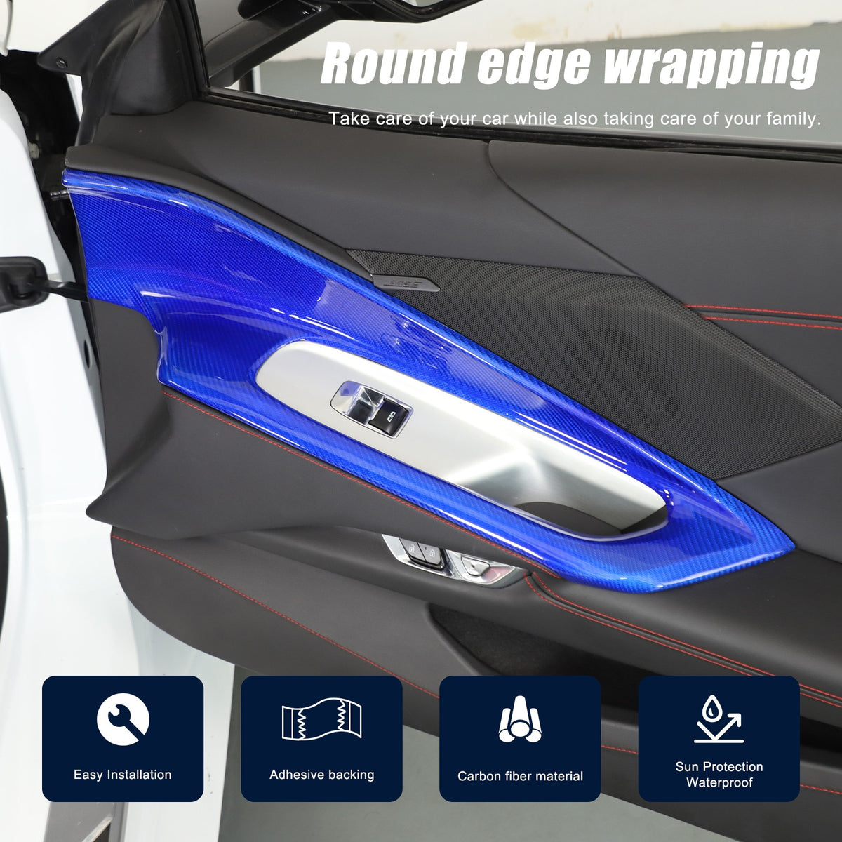 Blue Real Carbon Fiber Interior Door Panel Trim Cover For Corvette C8 2020-2026 12