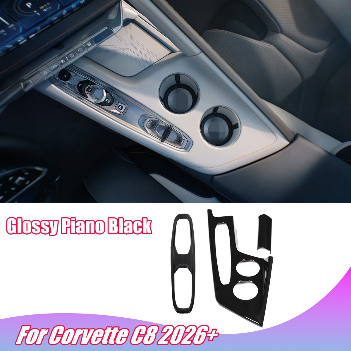 Glossy Piano Black Center Console Gear Panel Trim Set For Corvette C8 26+ US 2