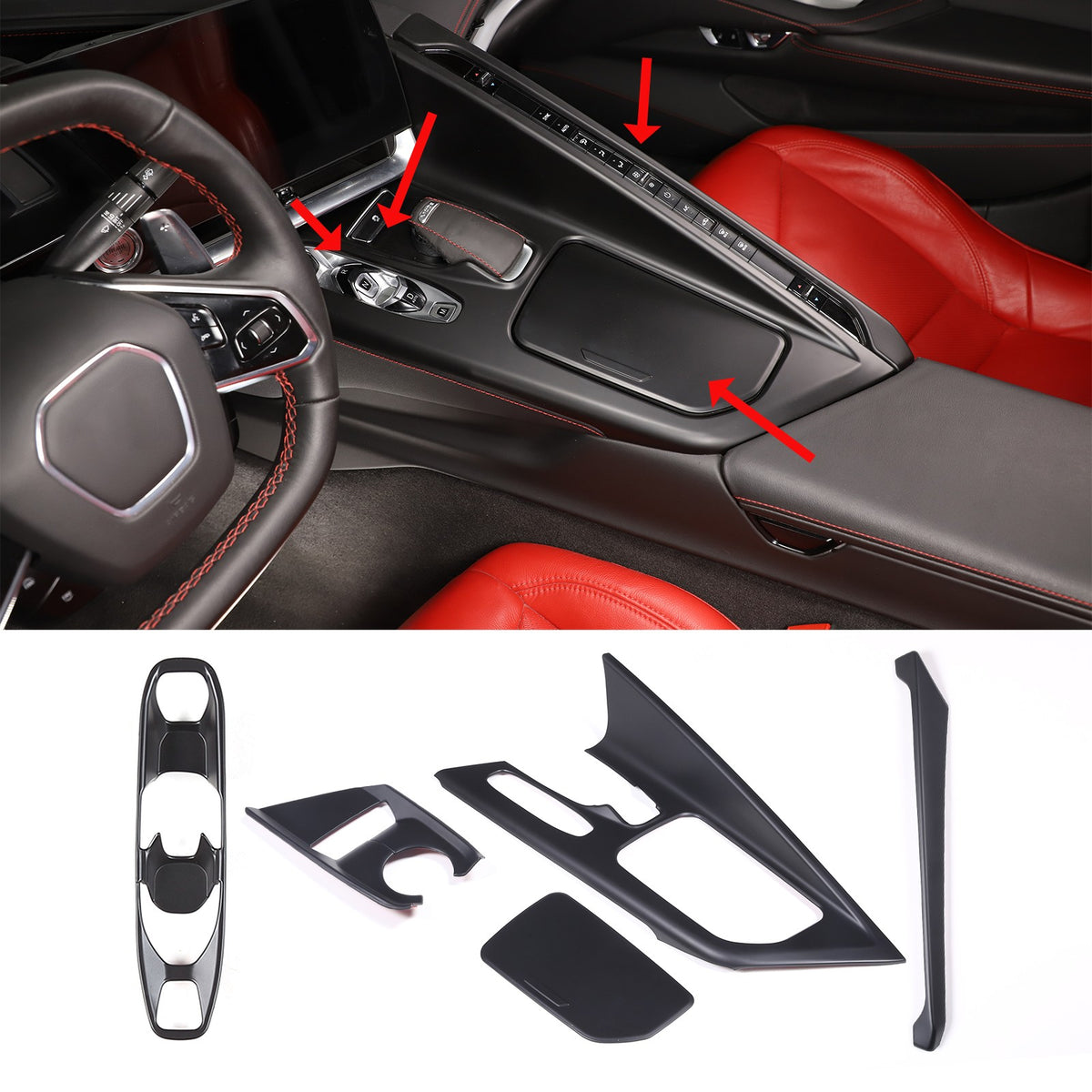 Matte black Center Console Gear Shift Panel Cover Trim Set For Corvette C8 20-25 1