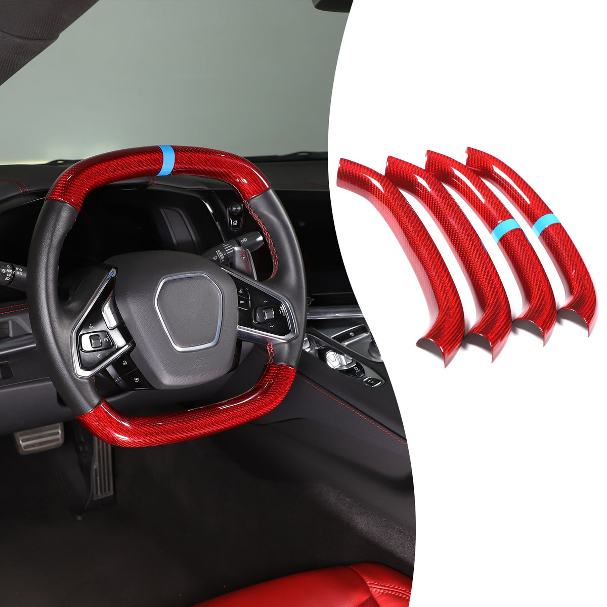 Red Real Carbon Fiber Blue Top Steering Wheel Cover Trim For Corvette C8 2020+ 8