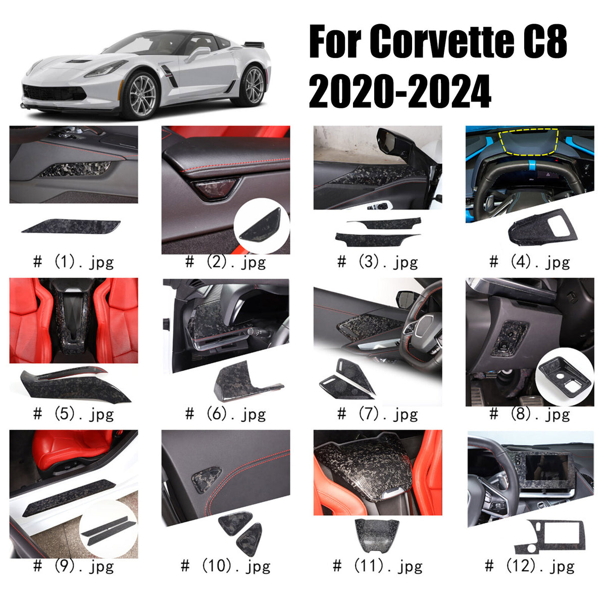 16PCS Forged Real Carbon fiber Car interior Kit Cover Trim Set For Corvette C8 1