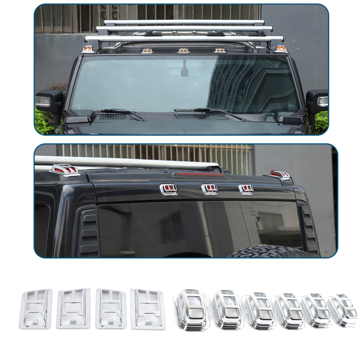 ABS Silver Front & Rear Roof Light Guard Cover Trim Set For Hummer H2 2003-2009 1