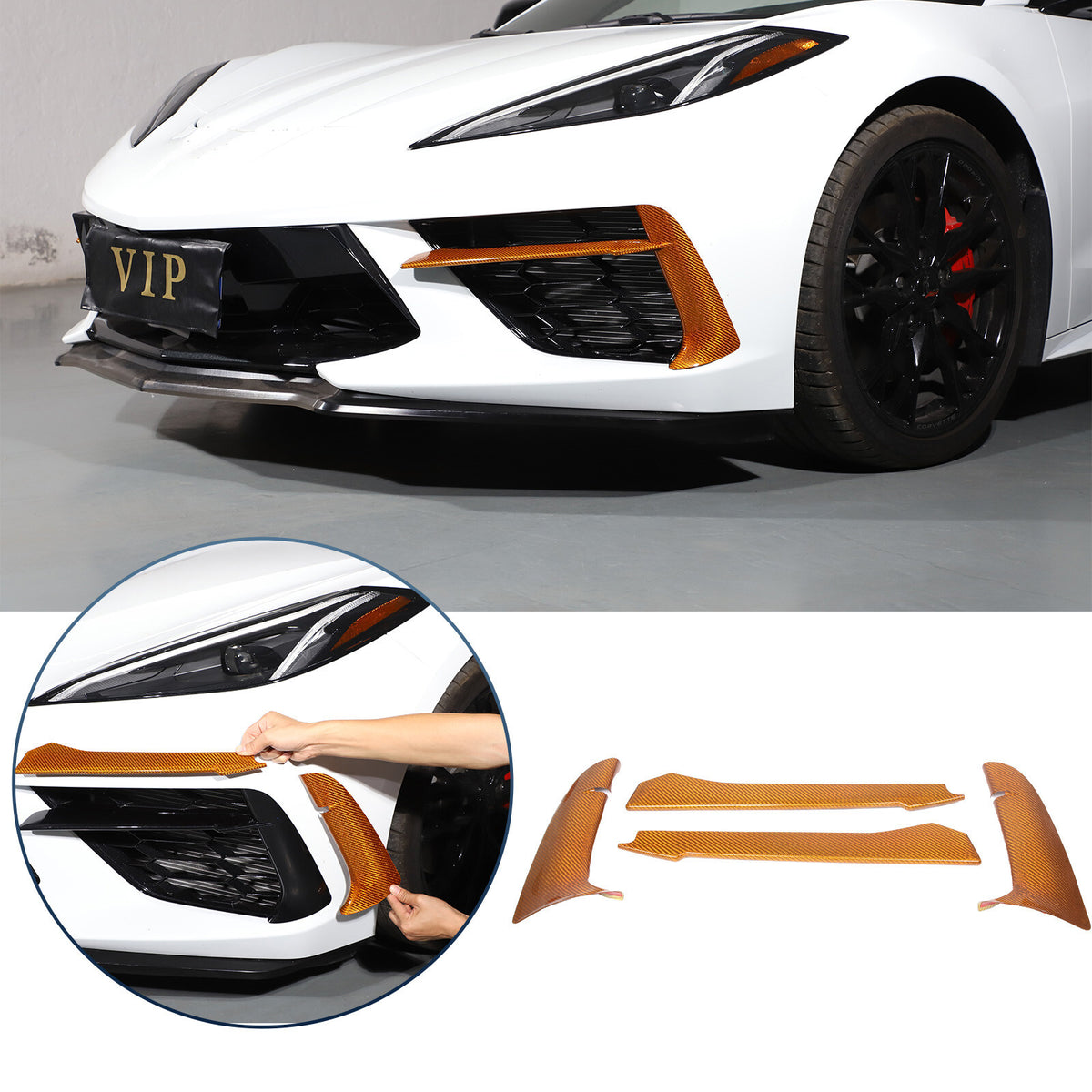 Yellow Carbon Fiber Front Bumper Fog Light Lamp Cover Strip Trim For Corvette C8 1