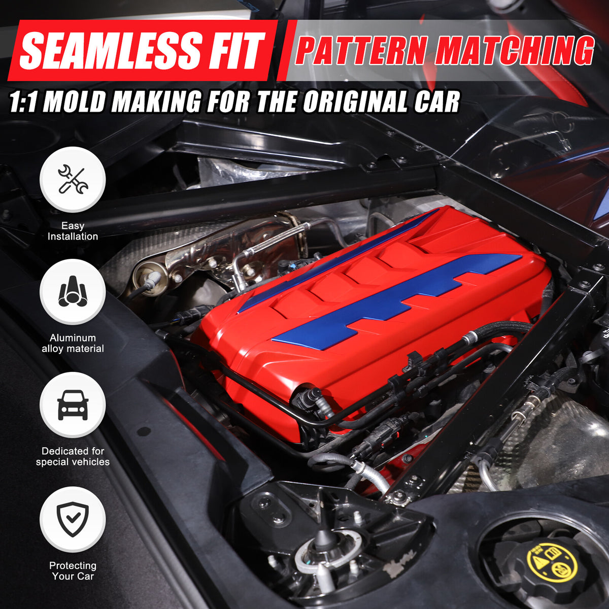 Red Engine Bay Panel Cover Trim in Edge Blue For Corvette C8 2020-26 8
