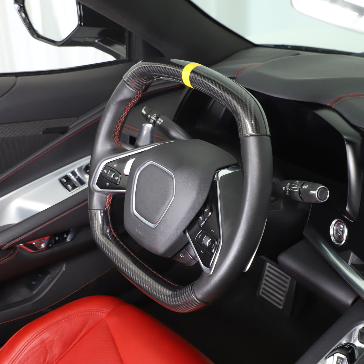 Yellow Top Real Carbon Fiber Steering Wheel Cover Trim For Corvette C8 20+ 17