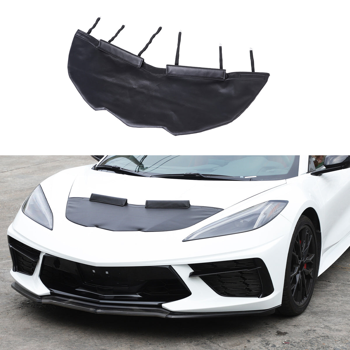 PU Leather Car Bonnet Hood Bra Wind & Bug Deflectors For Corvette C8 2020-26 US 4