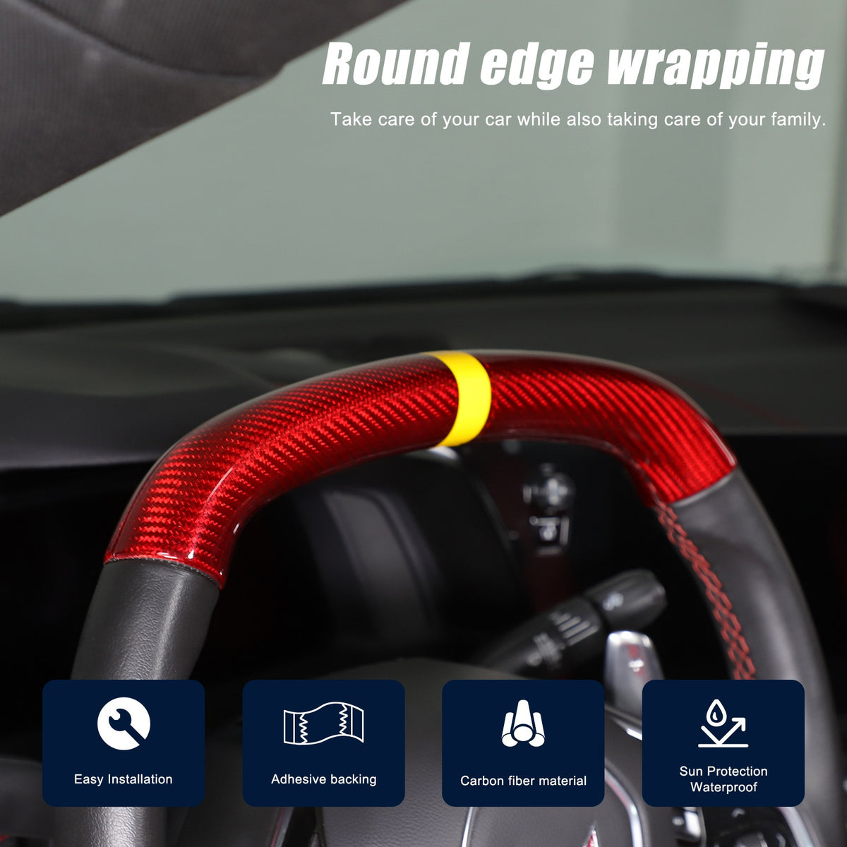 Red Real Carbon Fiber Yellow Top Steering Wheel Cover Trim For Corvette C8 2020+ 8