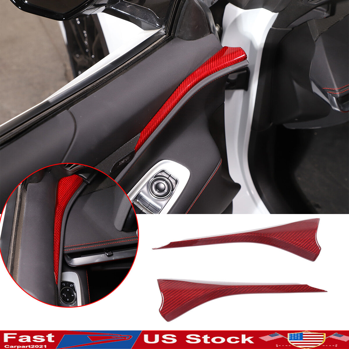 Red Real Dry Carbon Fiber Interior Window Upper Door Panel trim For Corvette C8 1