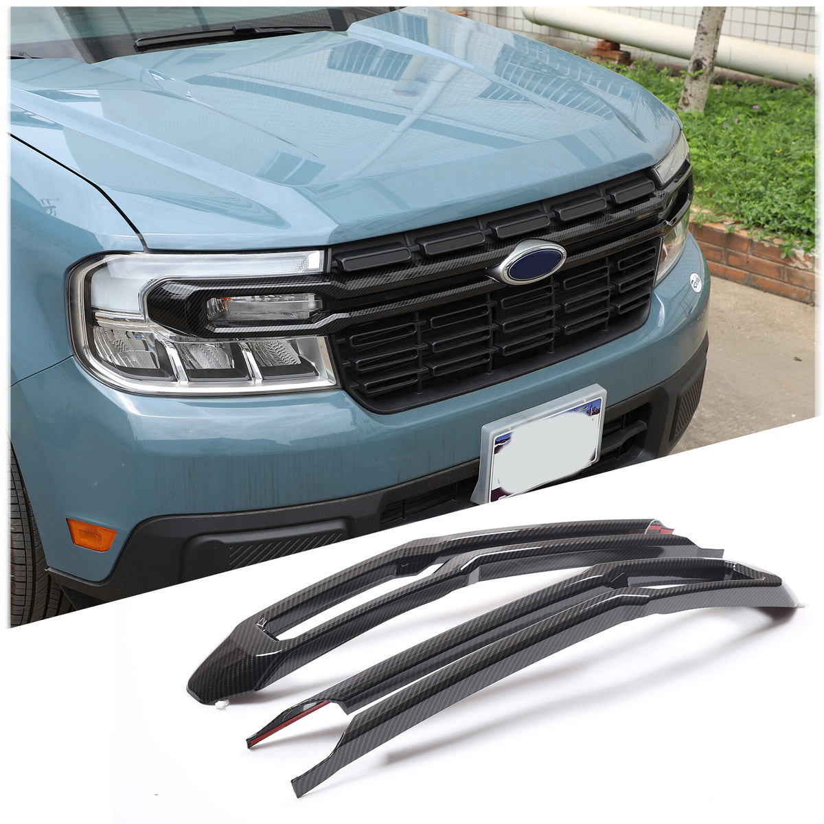 Carbon Fiber ABS Front Bumper Protect Grille Cover Trim For Ford Maverick 22-23 3
