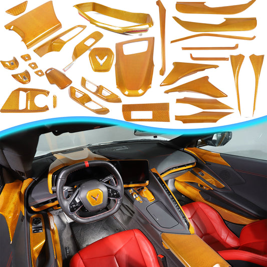 Yellow Real Carbon fiber Car interior Kit Cover Trim Set For Corvette C8 20-25 1
