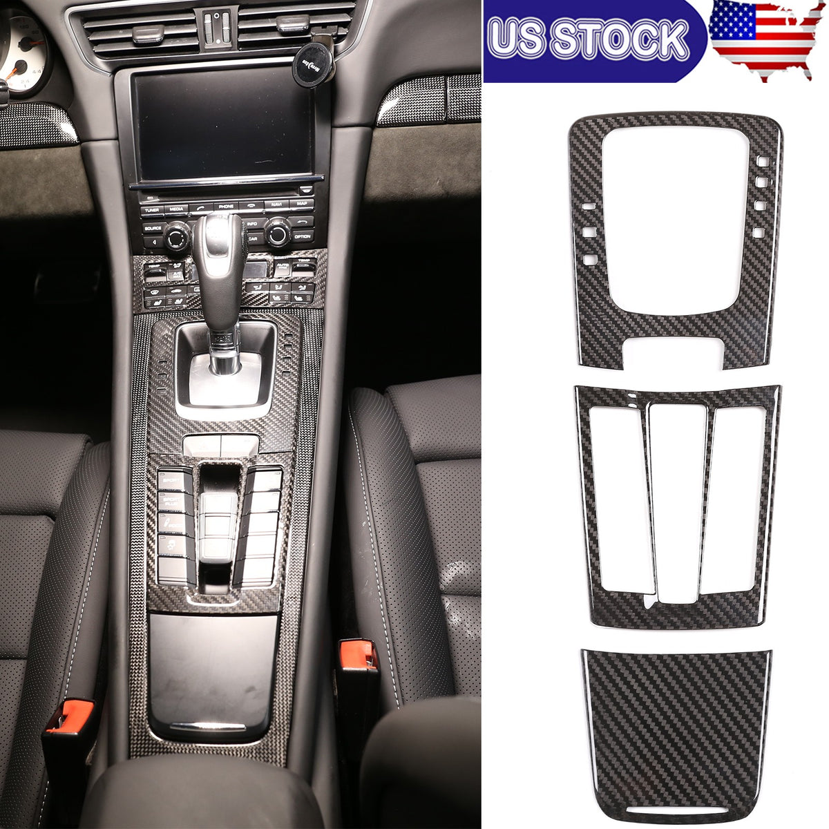 Real Carbon Fiber Center Console Gear Panel Trim Set for Porsche 718 911 12-18 1
