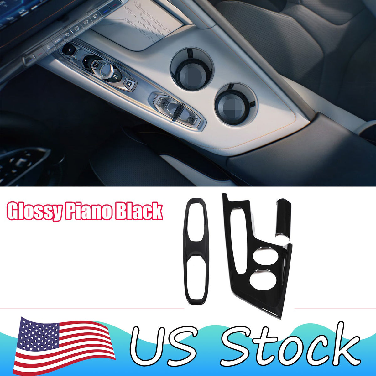 Glossy Piano Black Center Console Gear Panel Trim Set For Corvette C8 26+ US 1