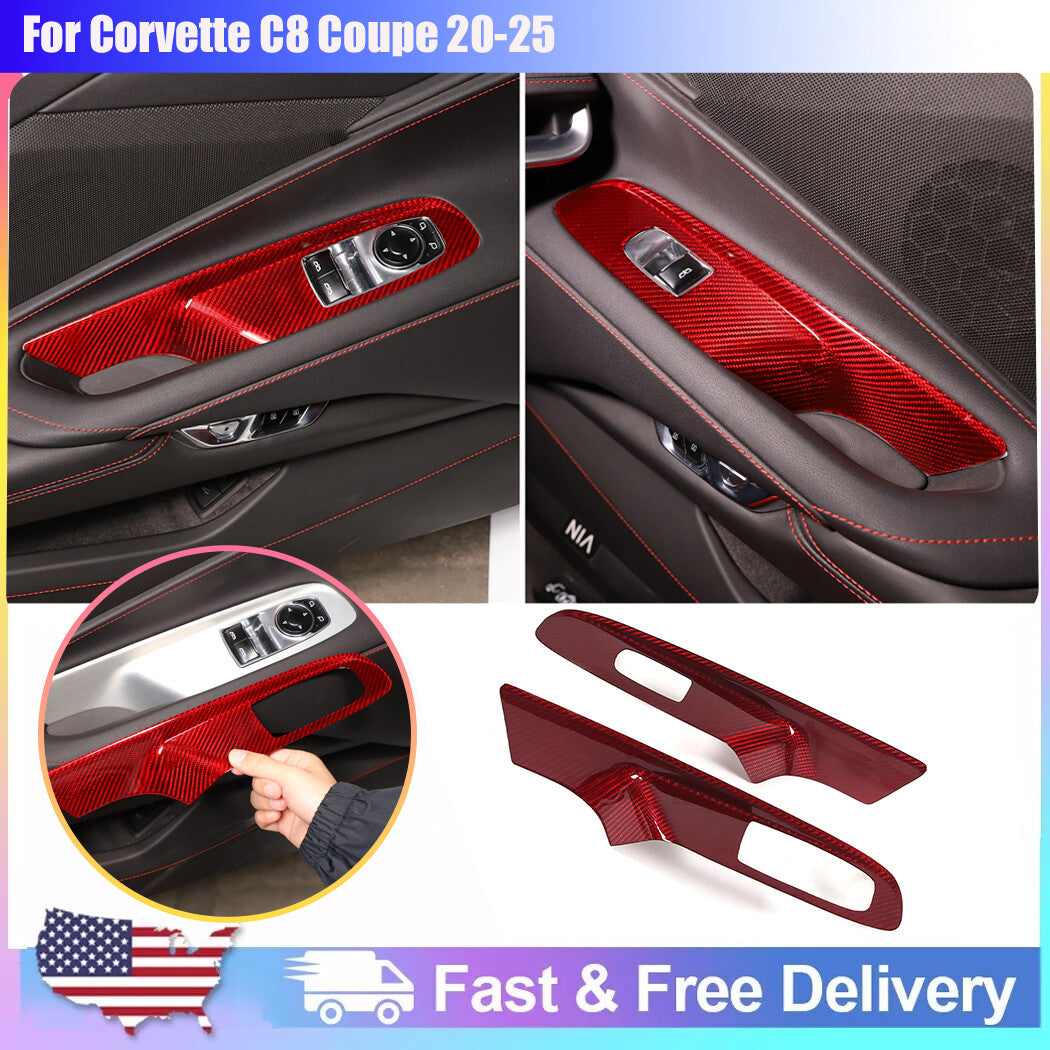 Red Real Carbon Fiber Window Lift Button Cover Trim For Corvette C8 Coupe 20+ US 1
