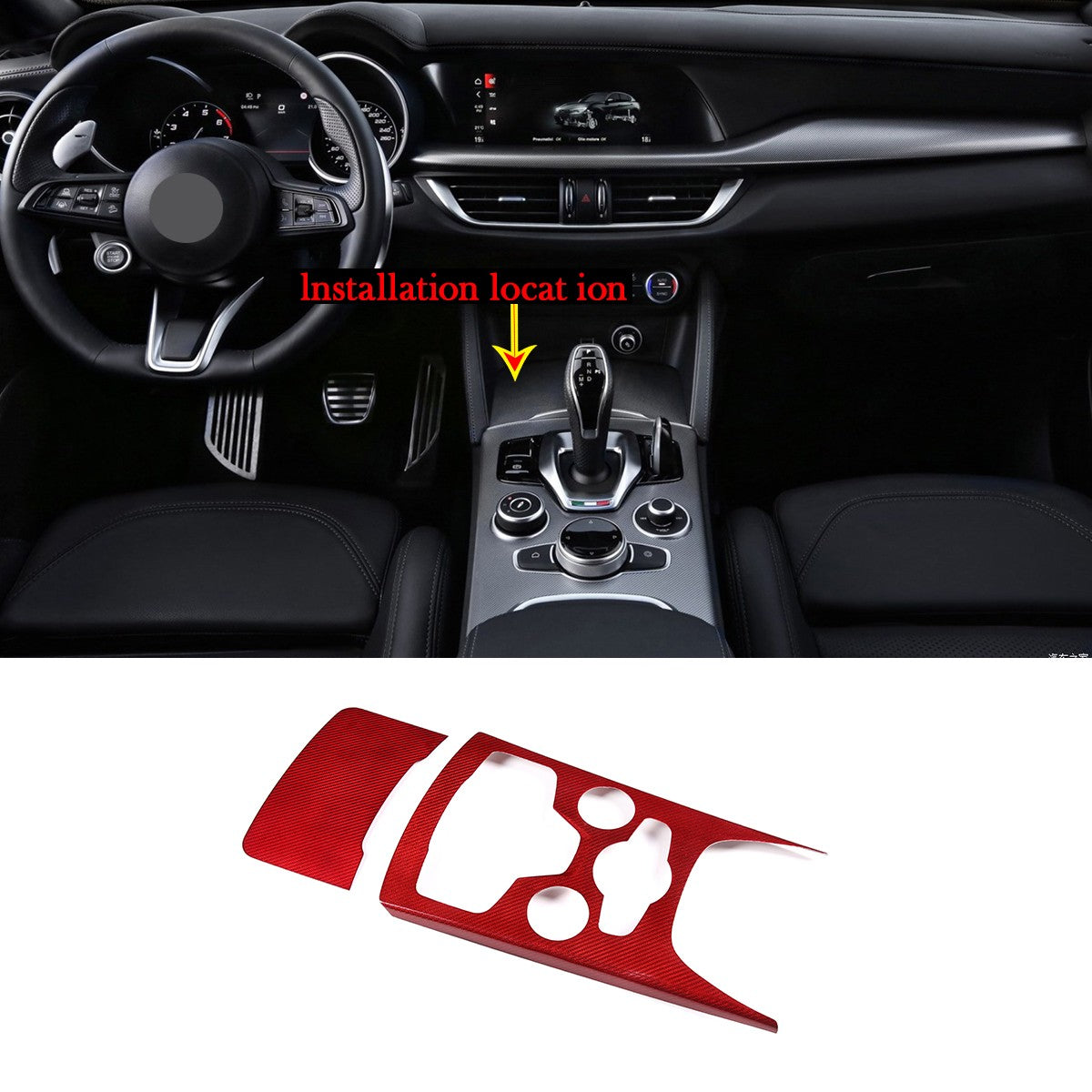 Red Real Carbon Fiber Large Gear Shift Panel Trim For Alfa Romeo Stelvio 2020-23 1