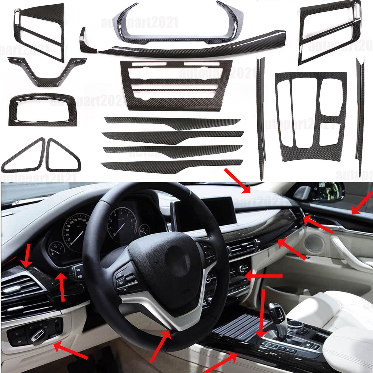17PCS Real Dry Carbon Fiber Interior Trim Decor Cover For BMW X5 F15 2014-2018 40