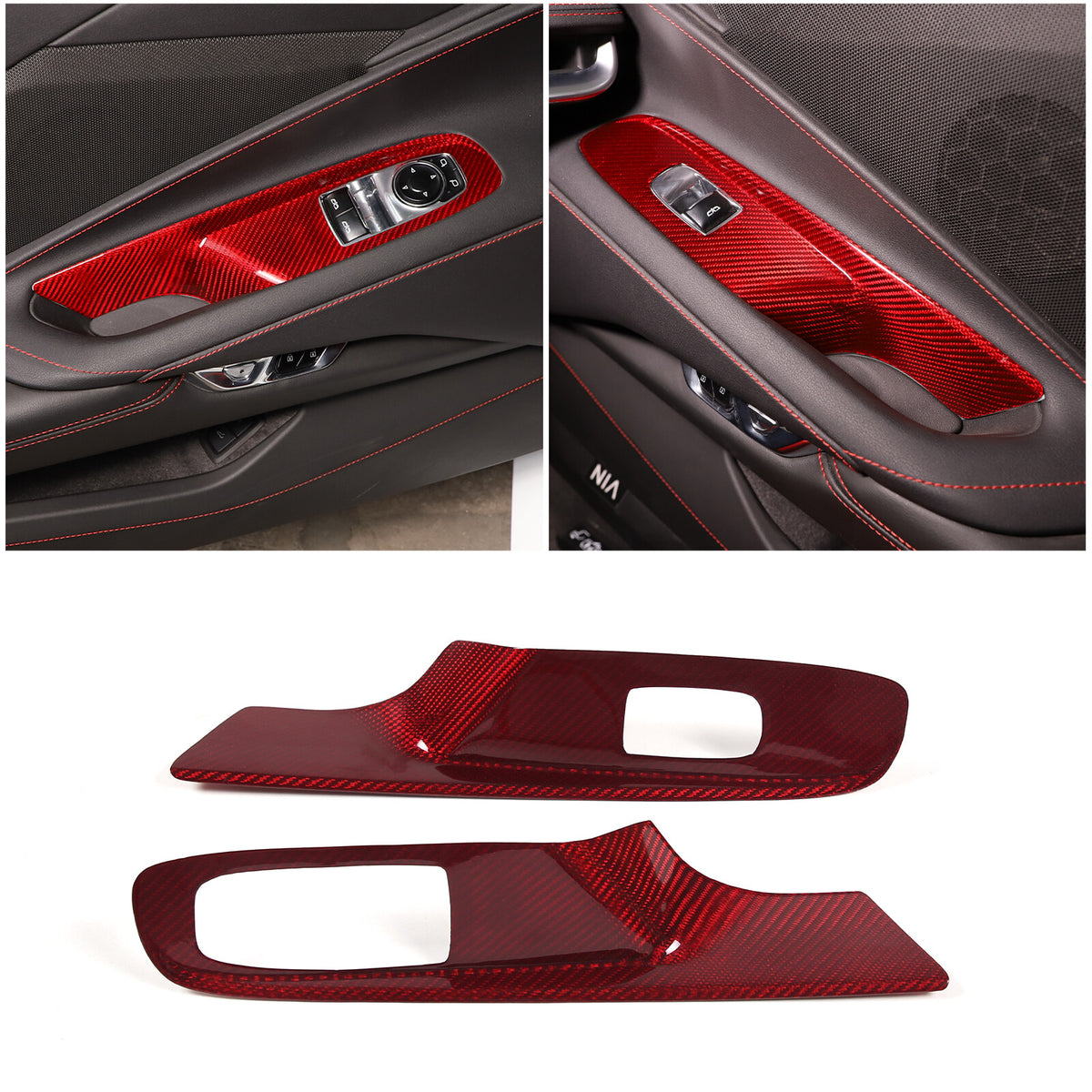Red Real Carbon Fiber Window Lift Button Cover Trim For Corvette C8 Coupe 20-26 2