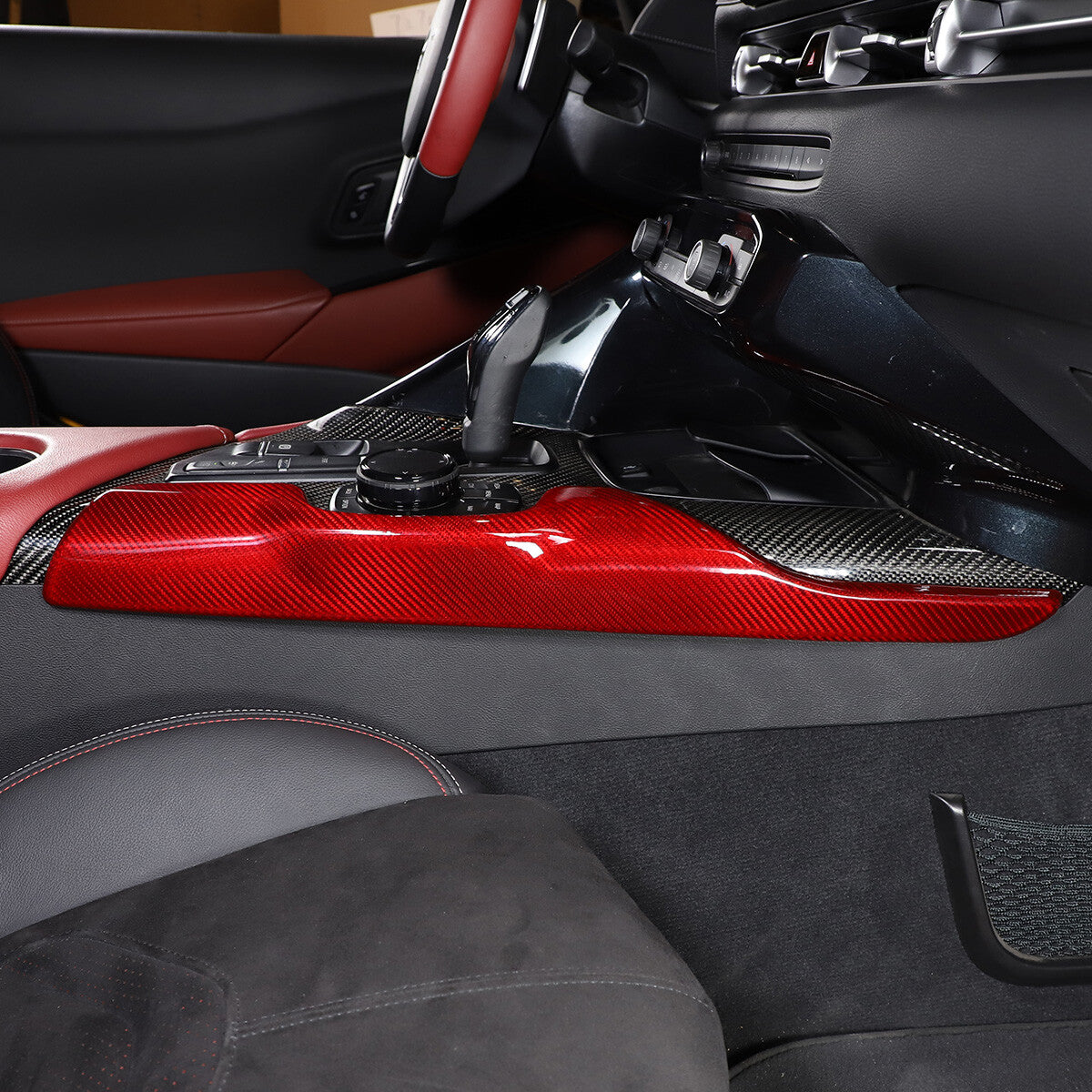 Red Carbon Fiber Console Gear Shift Side Trim Cover For Toyot-a Supra 2019-24 6