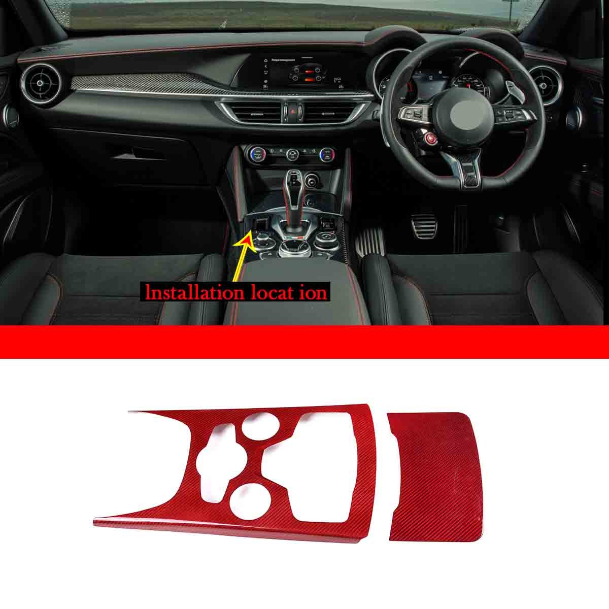 Red Real Carbon Fiber Large Gear Shift Panel Trim For Alfa Romeo Stelvio 2020-23 4