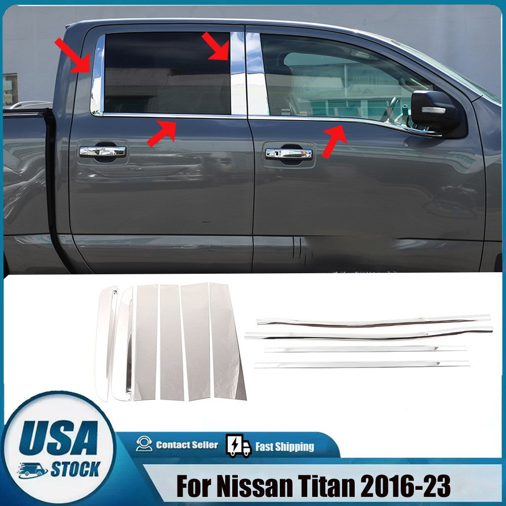 Steel Chrome Center Pillar Window Sill Trim Strip Set For Nissan Titan 2016-2024 1
