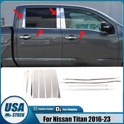 Steel Chrome Center Pillar Window Sill Trim Strip Set For Nissan Titan 2016-2024 1