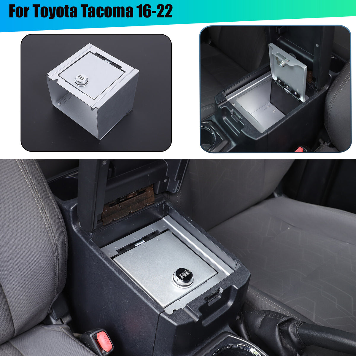 Silver Center Console Safe Armrest Storage Lock Box TRAY For Toyota Tacoma 16-22 1