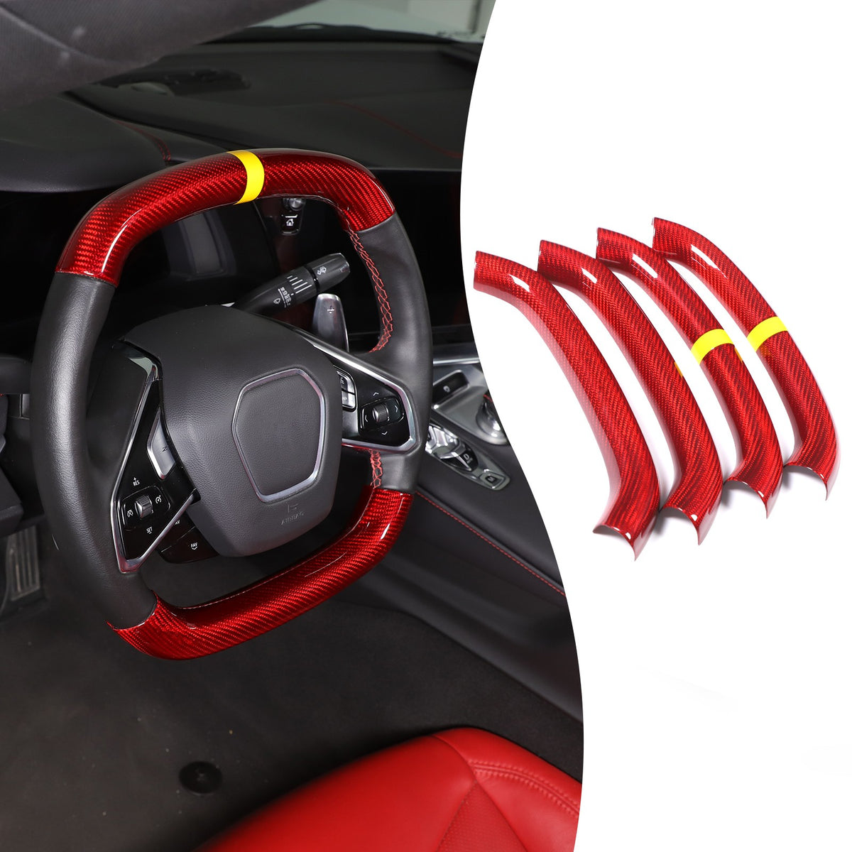 Red Real Carbon Fiber Yellow Top Steering Wheel Cover Trim For Corvette C8 2020+ 6