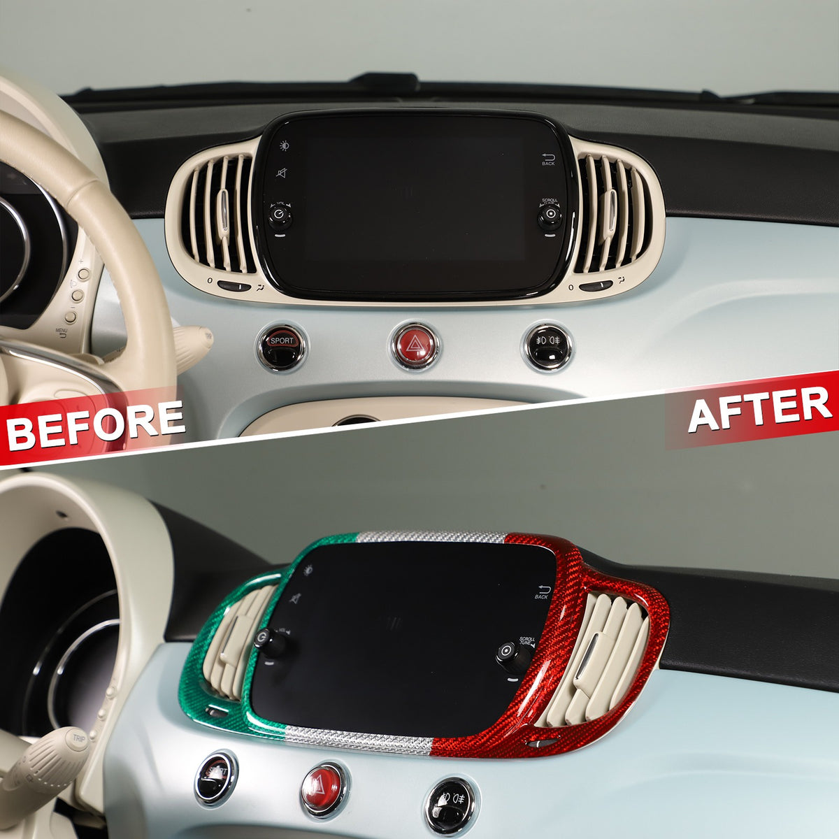 Tri-Color Real Carbon Fiber Dashboard Air Vent Trim For Fiat 500 312 2016+ 3