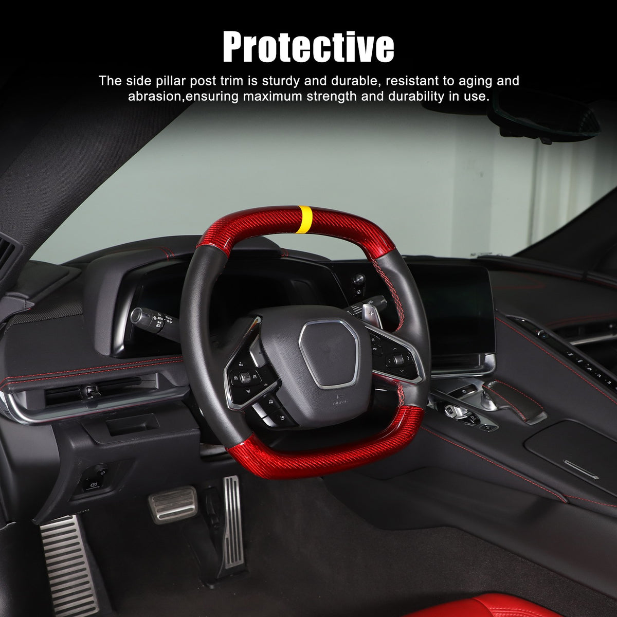 Red Real Carbon Fiber Yellow Top Steering Wheel Cover Trim For Corvette C8 2020+ 5