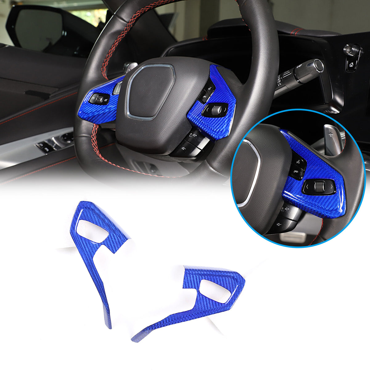 Blue Real Carbon fiber Steering Wheel Button Cover Trim For Corvette C8 2020-26 2
