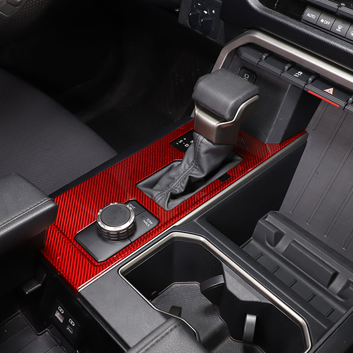 Red Real Carbon Fiber Center Console Gear Panel Cover for Toyota Tundra 2022-26 3