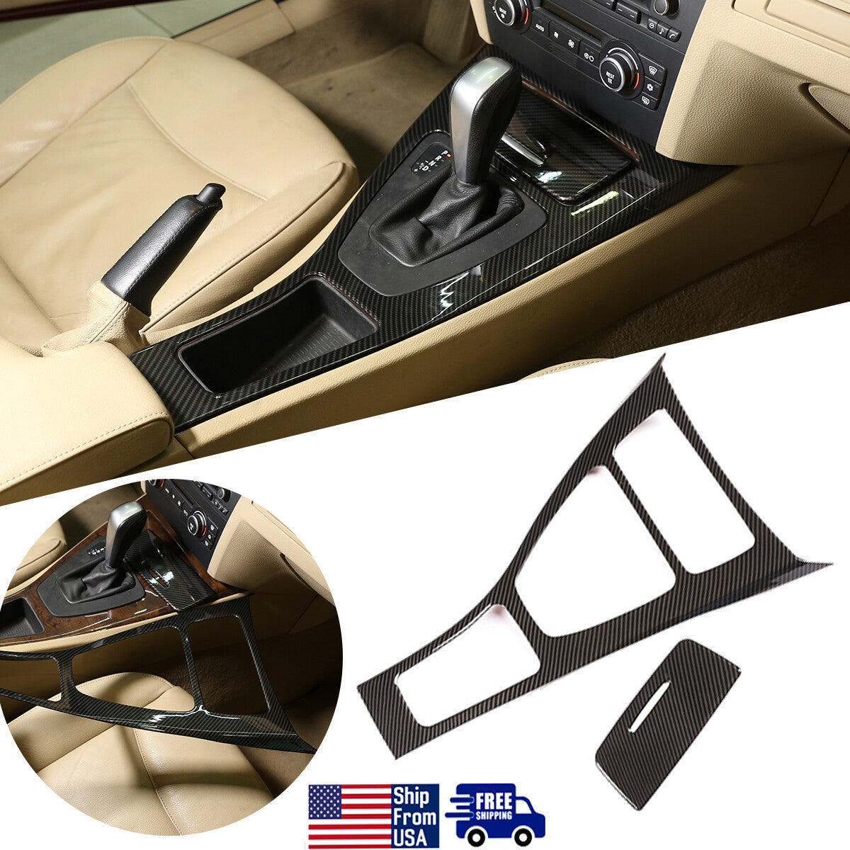 For BMW 3 Series E90 05-12 ABS Carbon Fiber Middle Console Gear Shift Panel Trim 1
