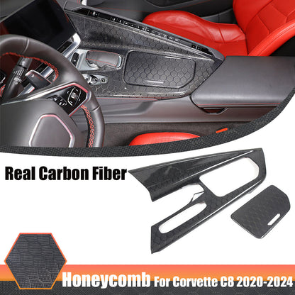 Real Honeycomb Carbon Fiber Center Console Gear Shift Panel Trim For C8 Corvette 1