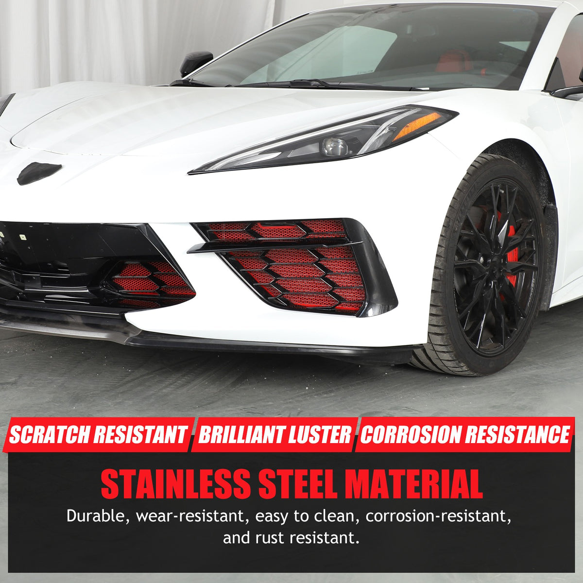 Red Steel Front Bumper Grille Mesh Screen Insect Guard For Corvette C8 2020 8