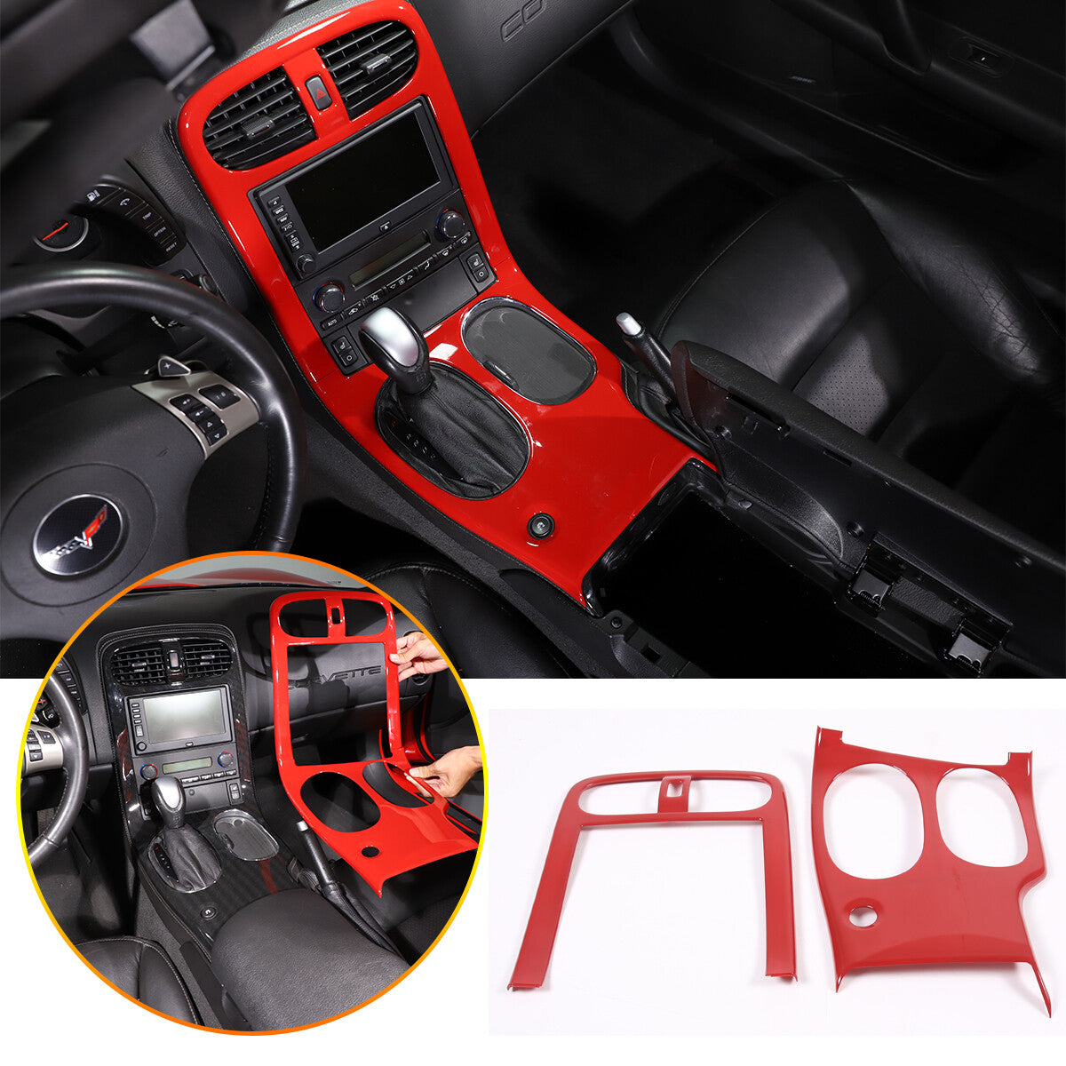Red ABS Center Console Car Gear Shift Panel Cover Trim For 2005-2013 Corvette C6 1