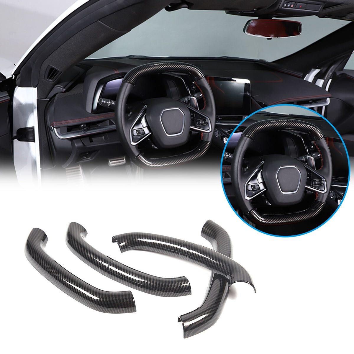 Carbon fiber Style Steering Wheel Top Lower Handle Cover Trim For C8 Corvette 14