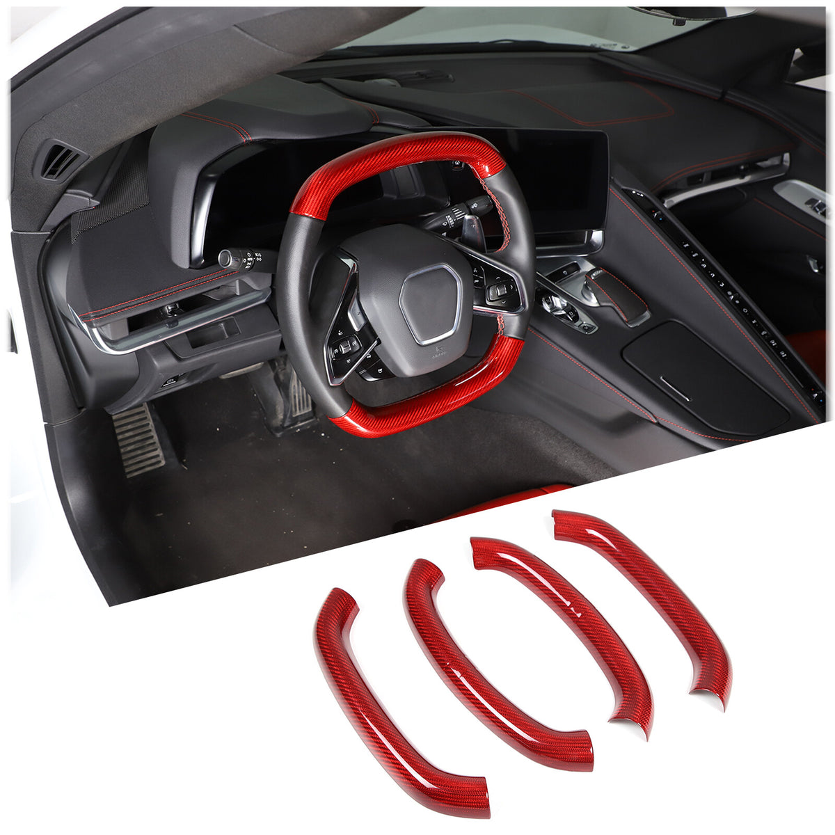 Red Real Carbon Fiber Steering Wheel Top Handle Cover Trim For C8 Corvette 20-26 17