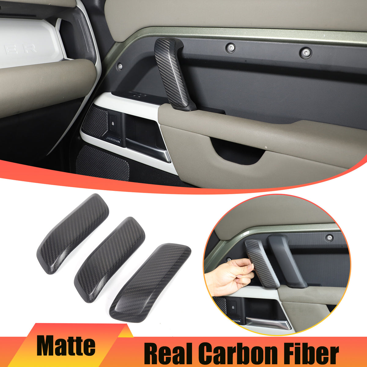 Matte Real Carbon Interior Door Handle Cover Trim For LR Defender 110 2020-23 1