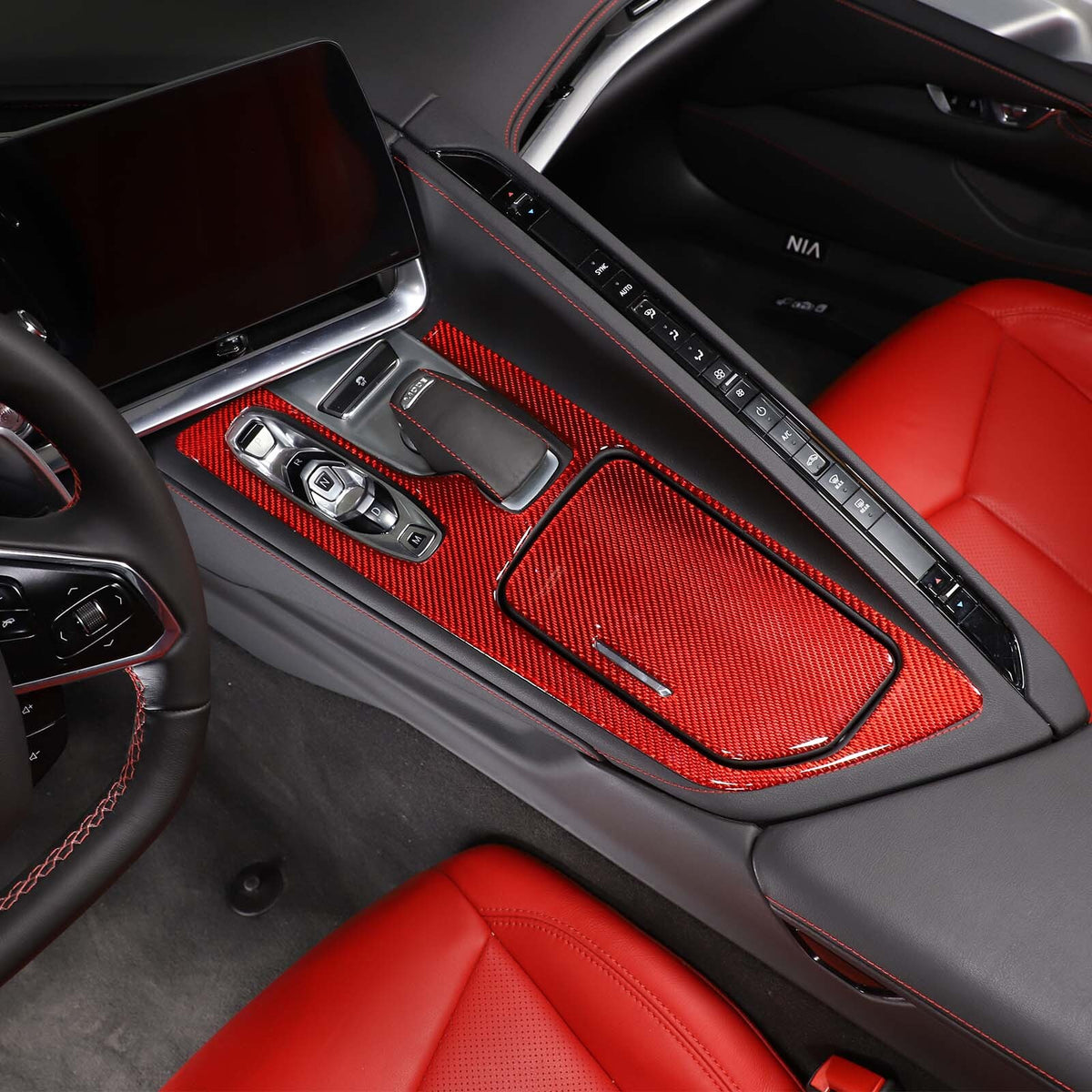 Red Soft Carbon Fiber Interior Decor Trim Kit Cover Set For Corvette C8 20-25 239