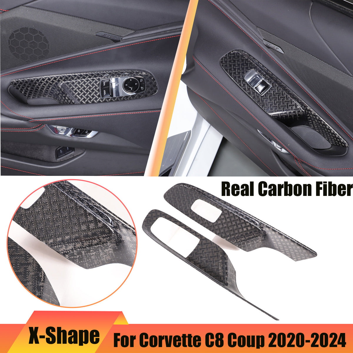 Real Carbon Fiber Window Lift Button Frame Trim For Corvette C8 Coup 2020-2026 1