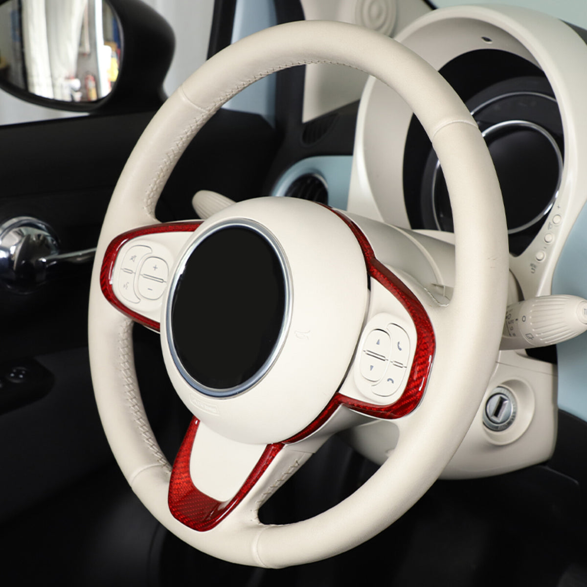 Red Real Carbon Fiber Steering Wheel Button Trim For Fiat 500 Abarth 595 695 16+ 14