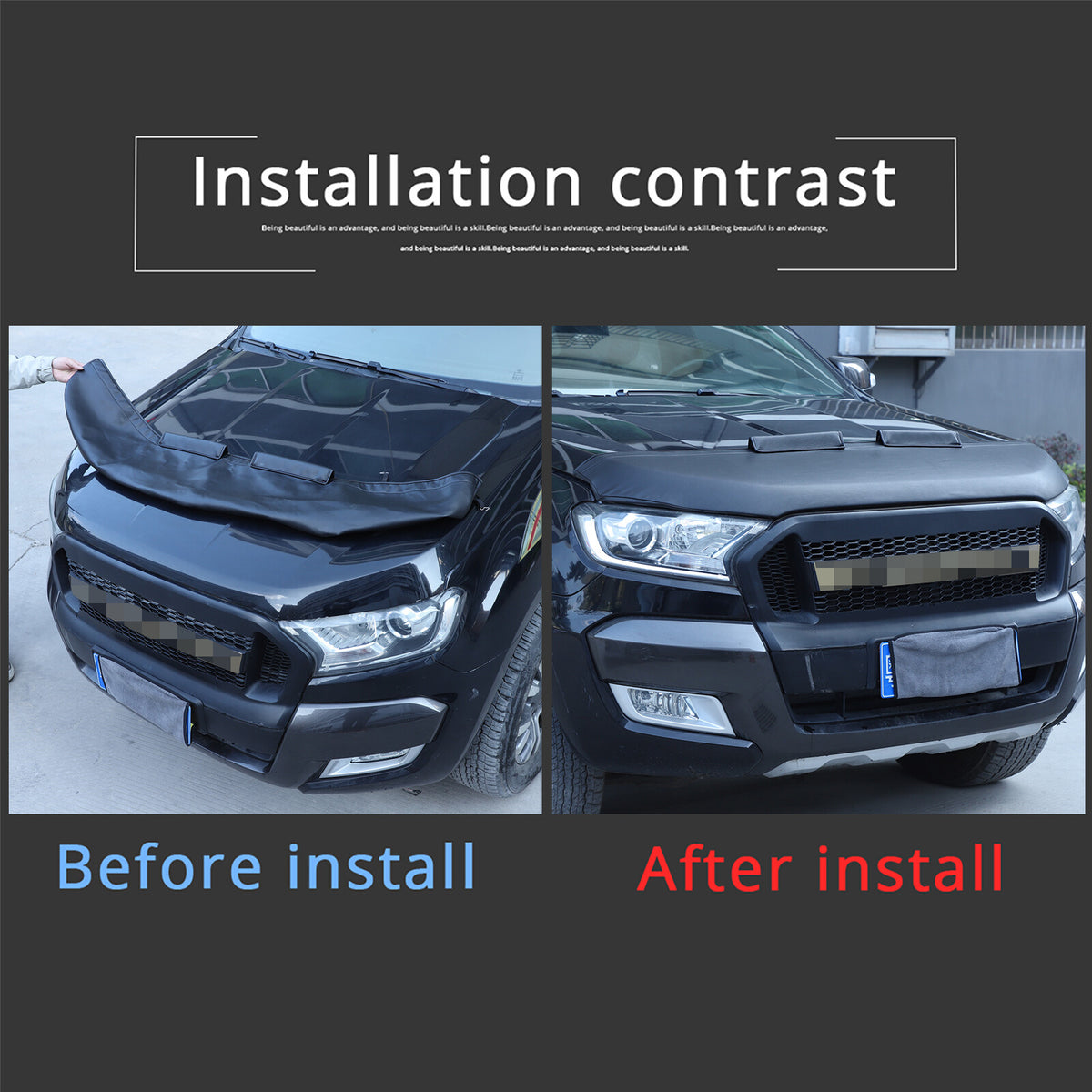 Black Car Bonnet Hood Bra Protector Mask Cover For Ford Ranger 2015-2021 10