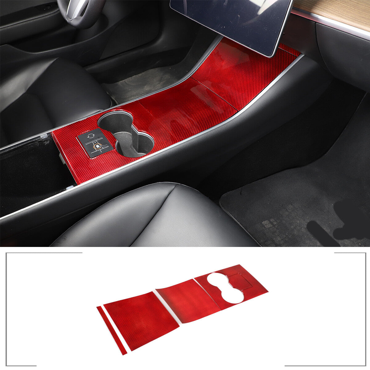 Red Carbon Fiber Central Console Gear Shift Panel Trim For Tesla Model 3 17-21 3